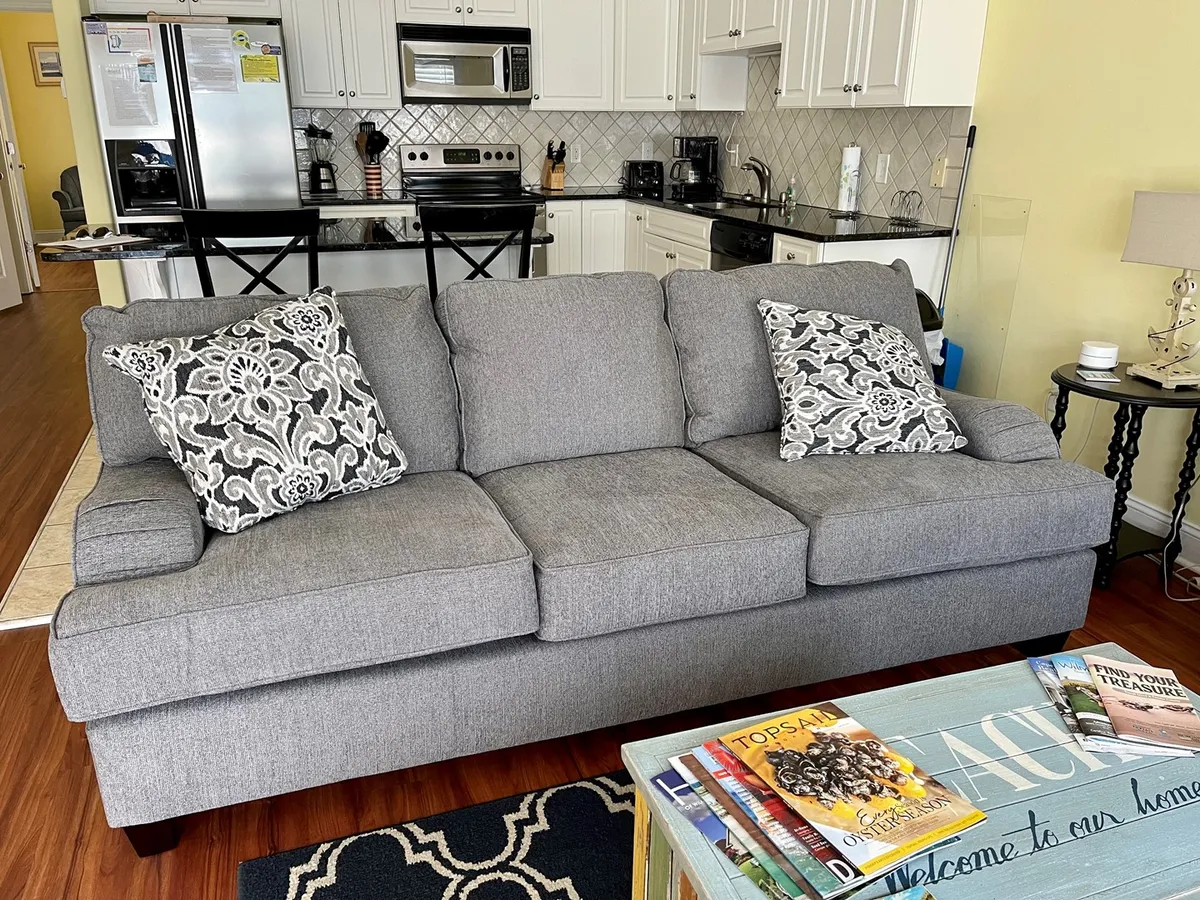 This inviting interior image showcases a gray sofa adorned with decorative pillows, a coffee table with magazines, and a welcoming atmosphere. The space feels cozy and homelike, suggesting a comfortable environment where guests and their pets can relax together.