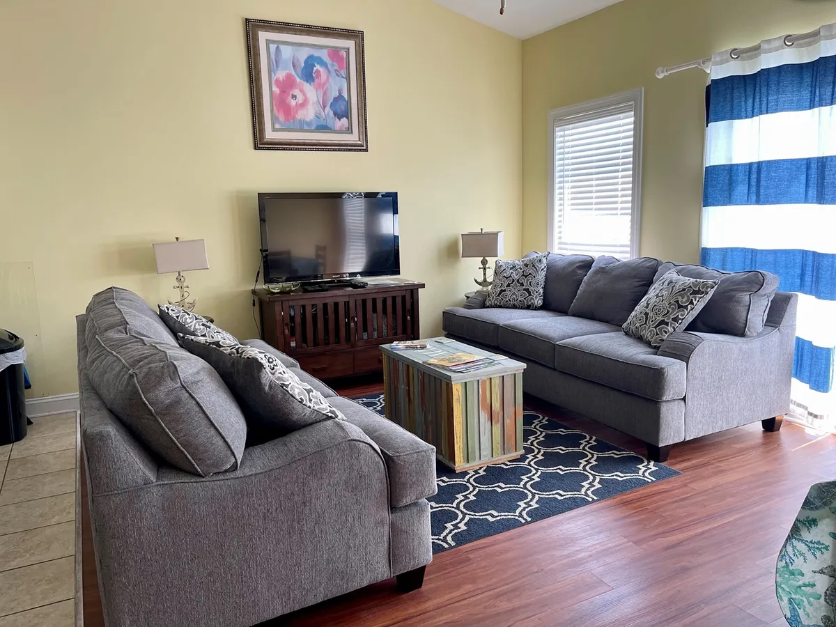 A cozy living room setup with plush sofas around a coffee table, a large TV, and tasteful wall art. Soft curtains filter sunlight into the space, creating a relaxing, inviting atmosphere ideal for socializing, movie nights, or quiet moments with a book.